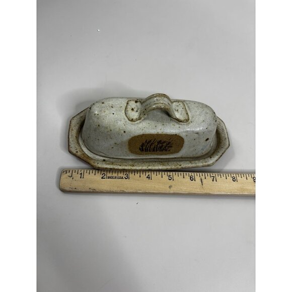 VTG Stoneware Butter Dish Wheat Accent Primitive Speckled Signed EUC - Picture 7 of 9